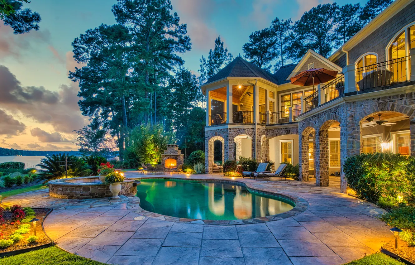 Photo wallpaper flowers, Villa, the evening, pool, lighting, oven, architecture, terrace