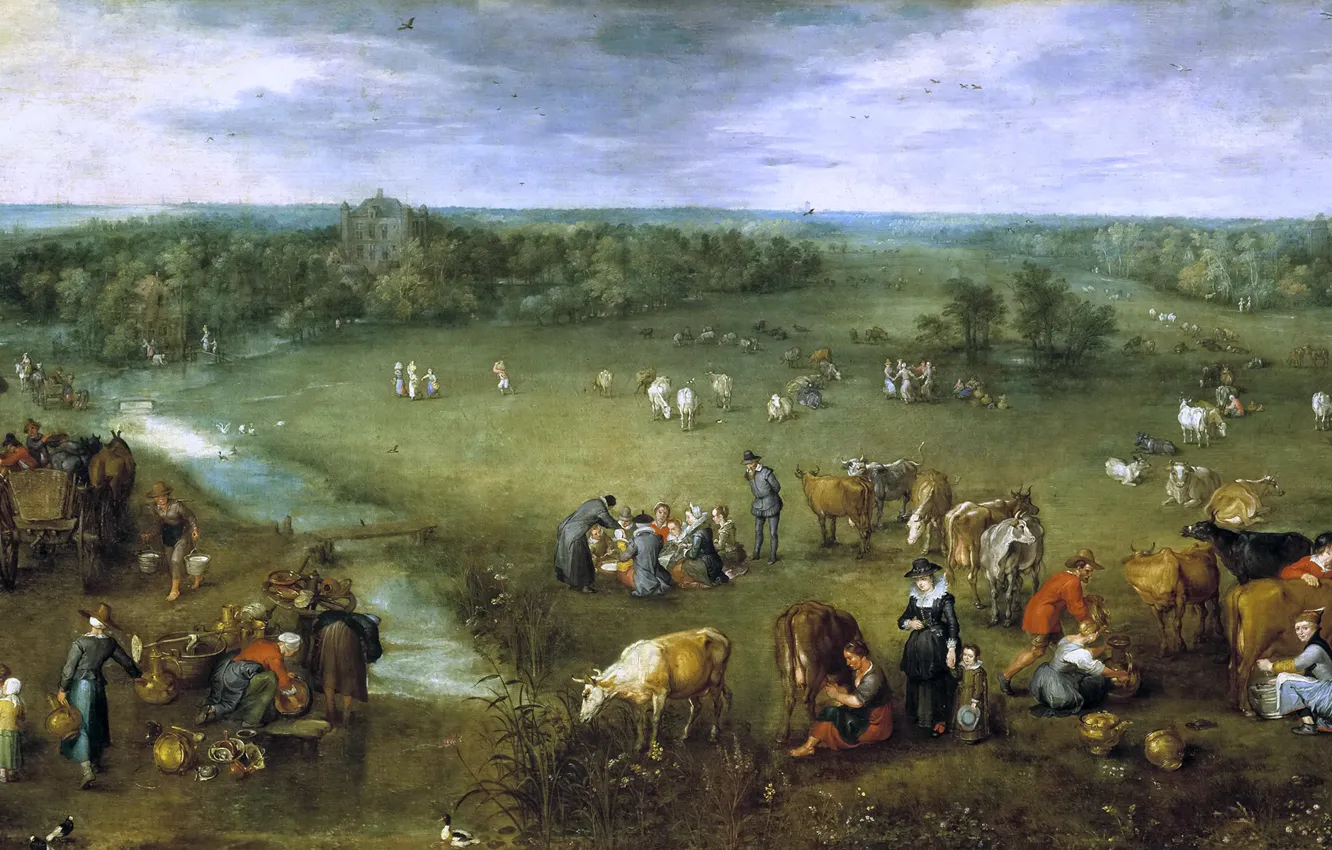 Photo wallpaper animals, landscape, house, stream, people, picture, Jan Brueghel the elder, The Life Of A Flemish …