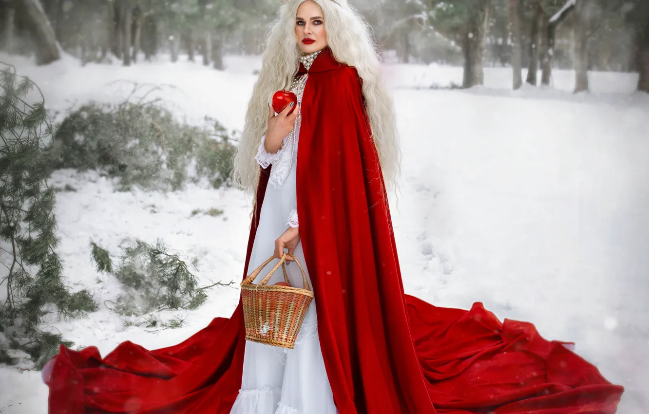 Photo wallpaper winter, forest, girl, snow, woman, apples, blonde, outfit