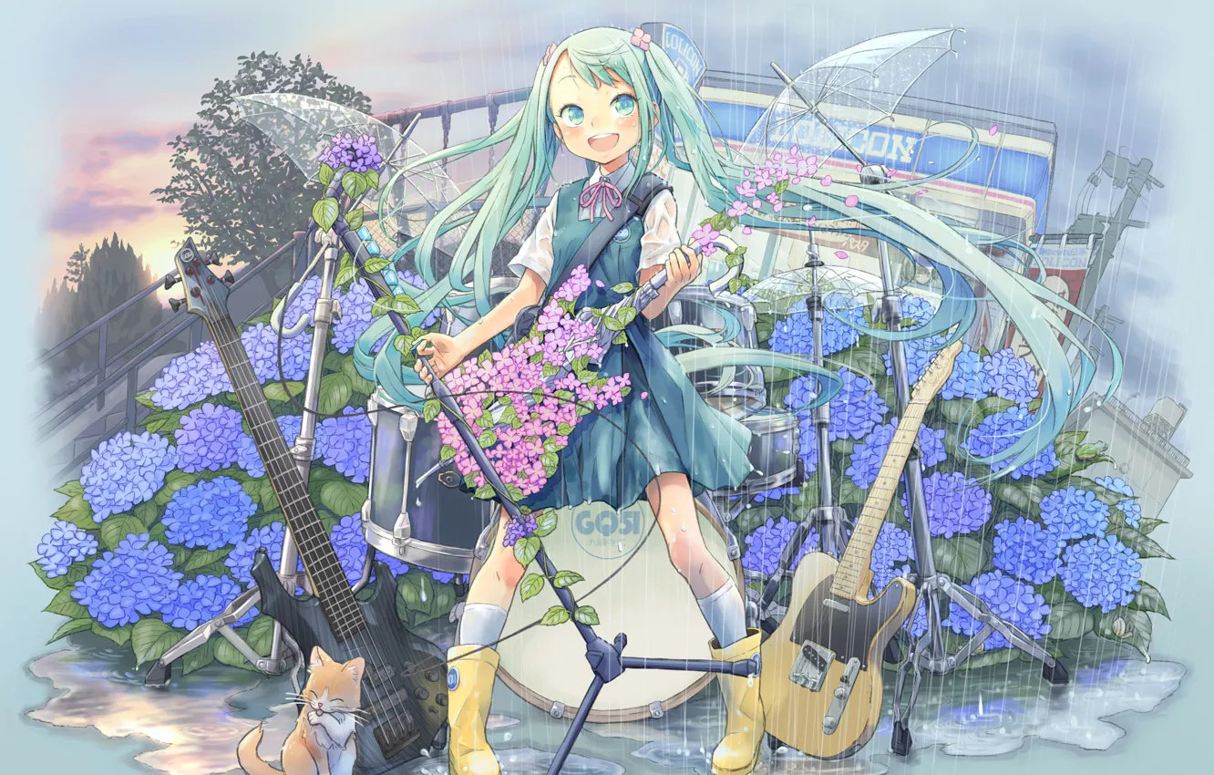 Photo wallpaper cat, girl, joy, flowers, rain, mood, wings, guitar