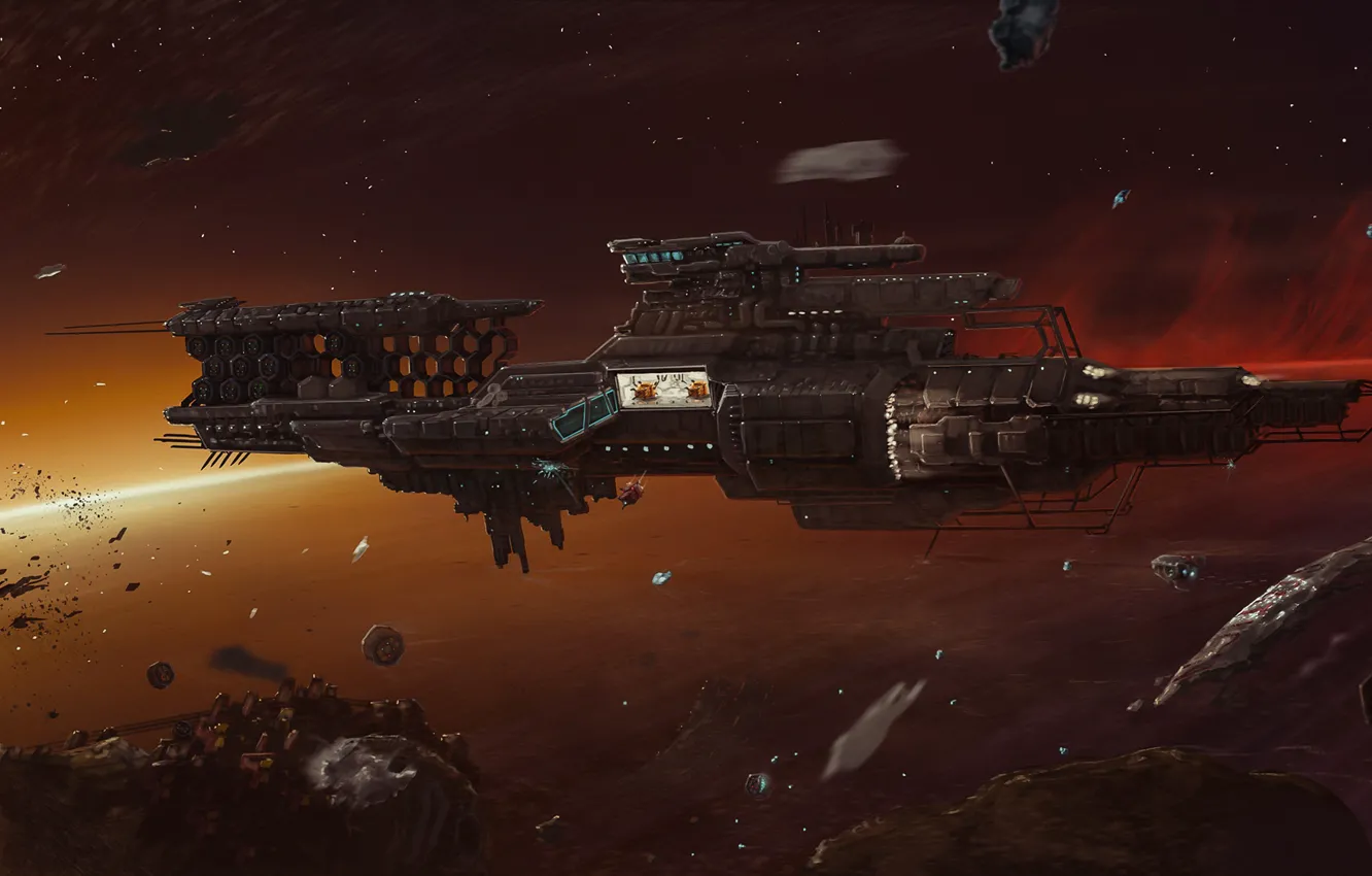 Photo wallpaper space, stars, fragments, fiction, ship, asteroids, fantasy, science fiction