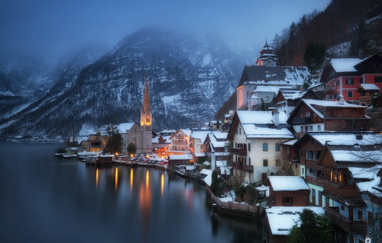 Photo wallpaper winter, snow, mountains, the city, lights, lake, shore, home