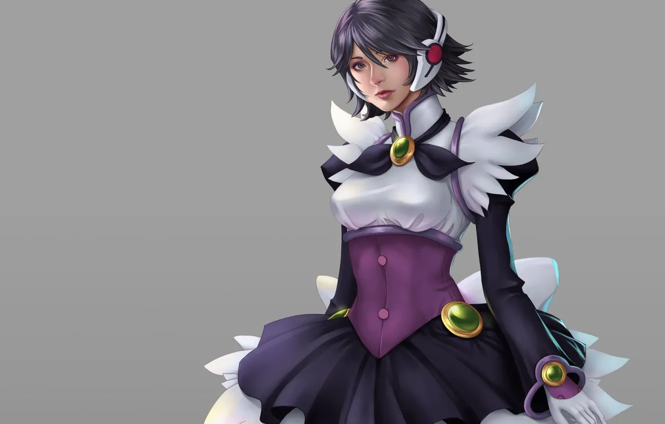 Photo wallpaper look, girl, headphones, dress, art, grey background