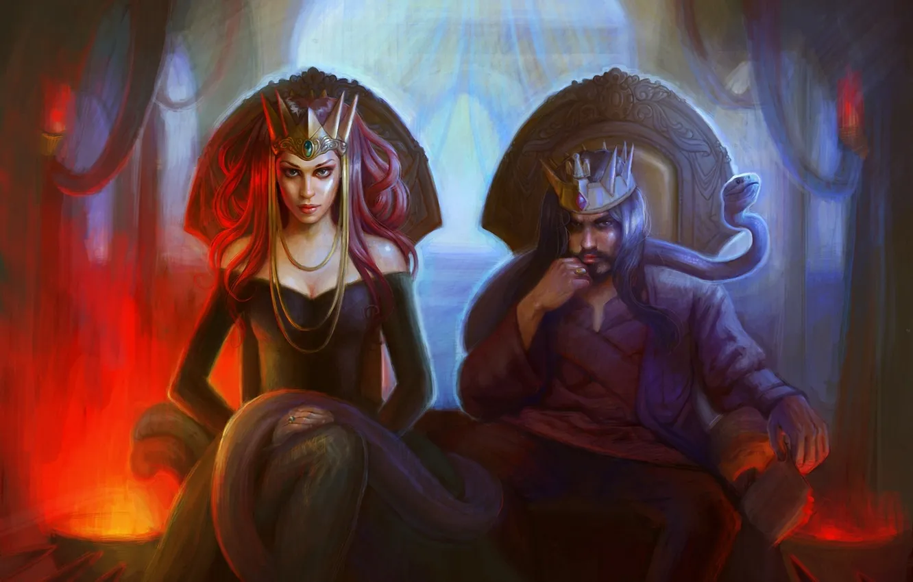 Photo wallpaper girl, snake, crown, art, male, the throne, Queen, king