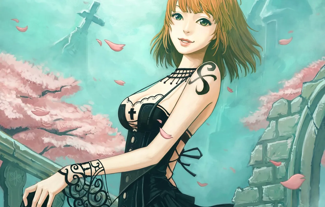 Photo wallpaper girl, the wind, pattern, petals, Sakura, dress, the ruins