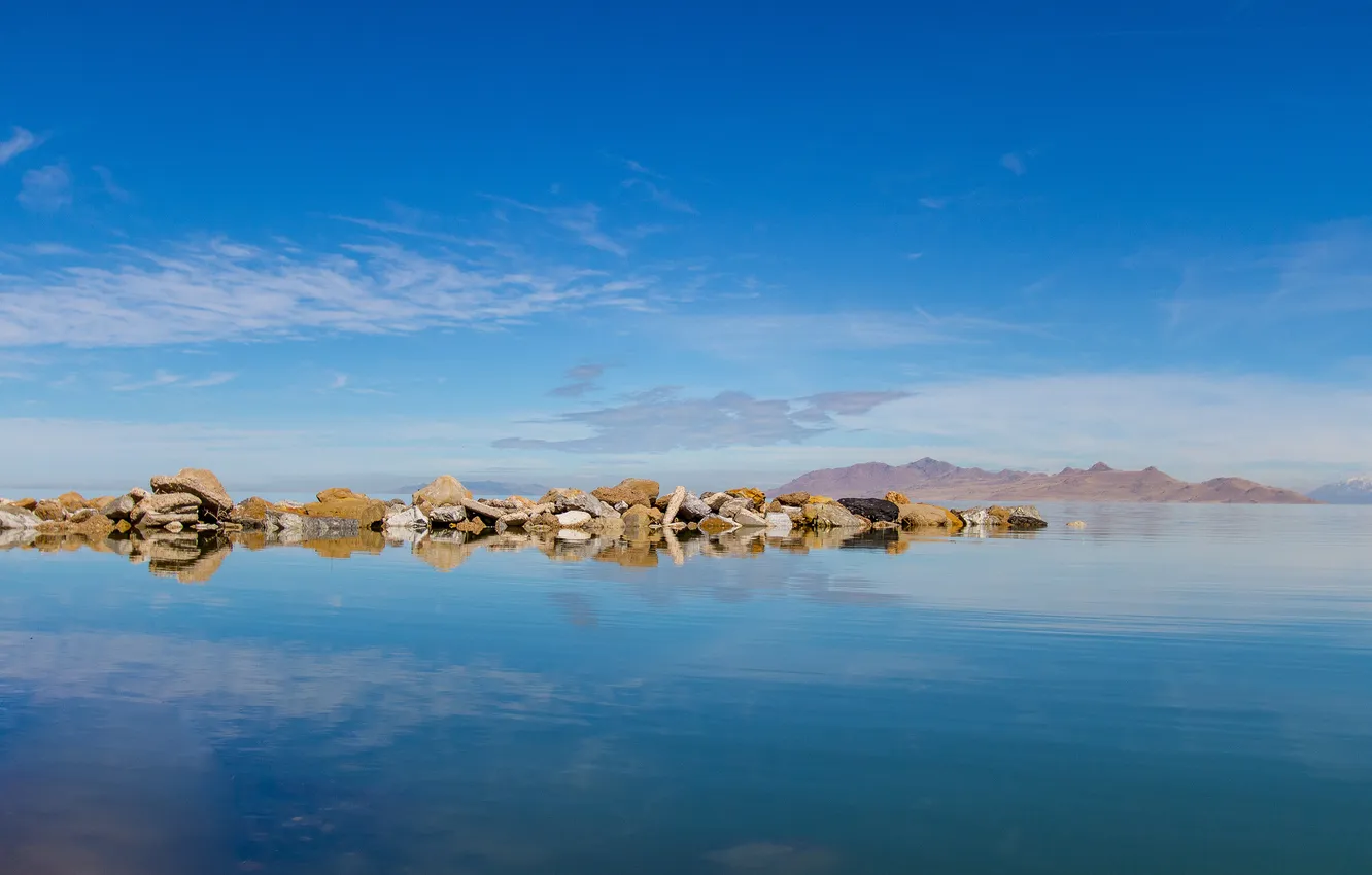 Photo wallpaper mountains, lake, stones