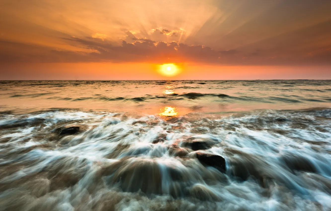 Photo wallpaper sea, the sun, sunset, stones, surf