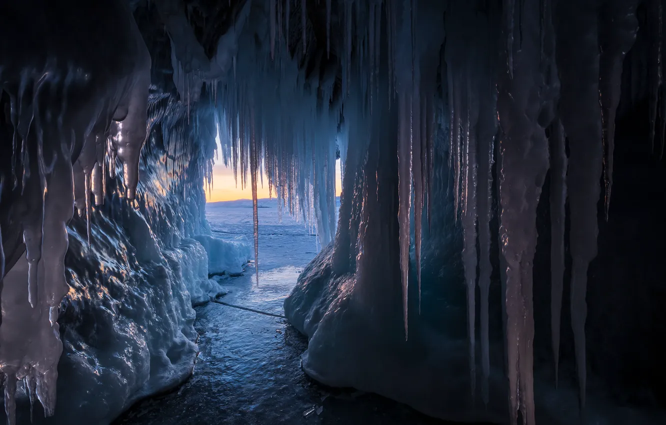 Photo wallpaper sunset, nature, lake, ice, icicles, Baikal, cave