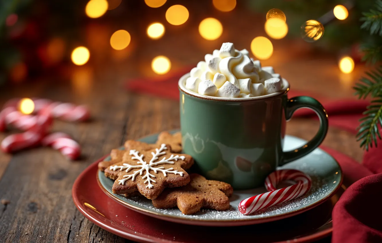 Photo wallpaper decoration, new year, Christmas, mug, Christmas, cup, cocoa, cookies