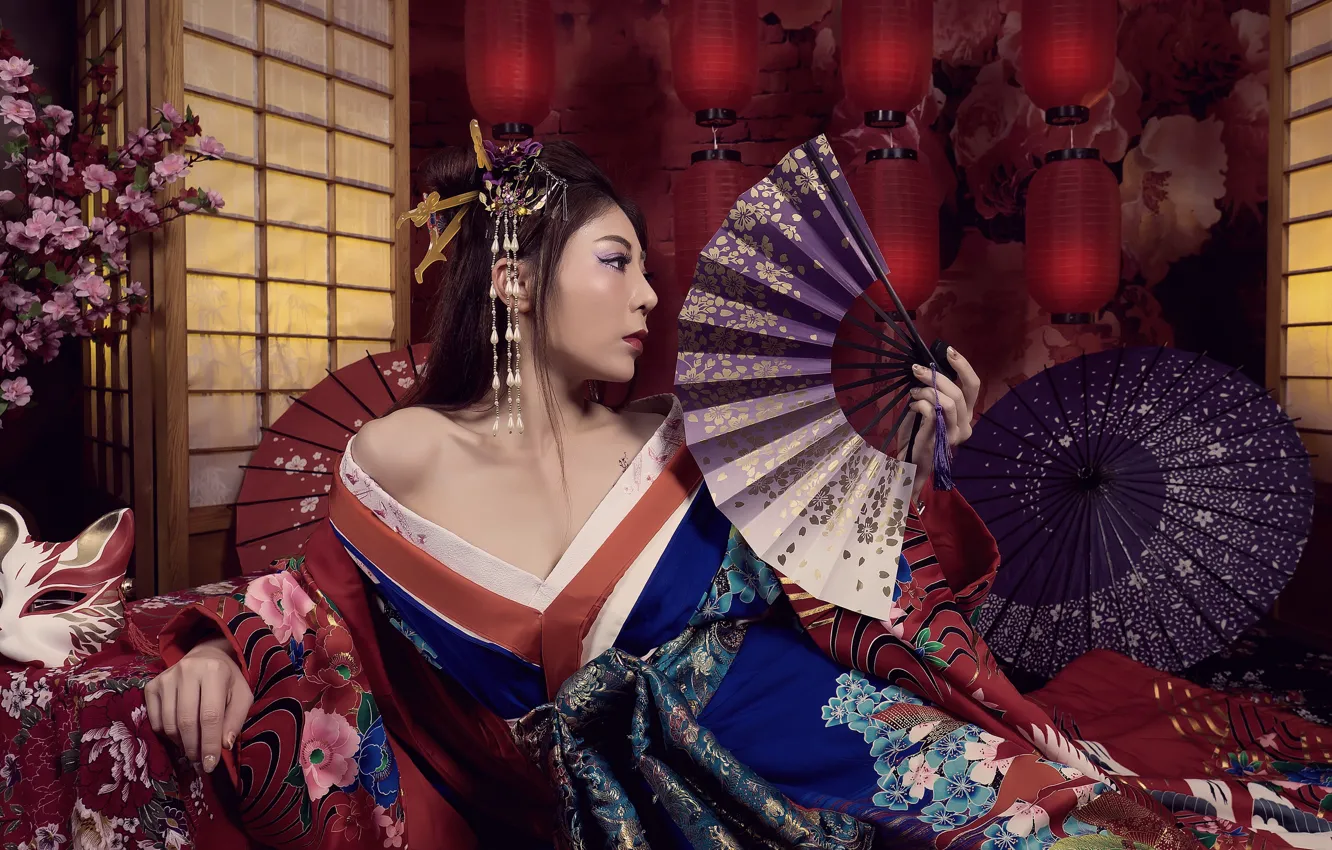 Photo wallpaper girl, fan, Asian