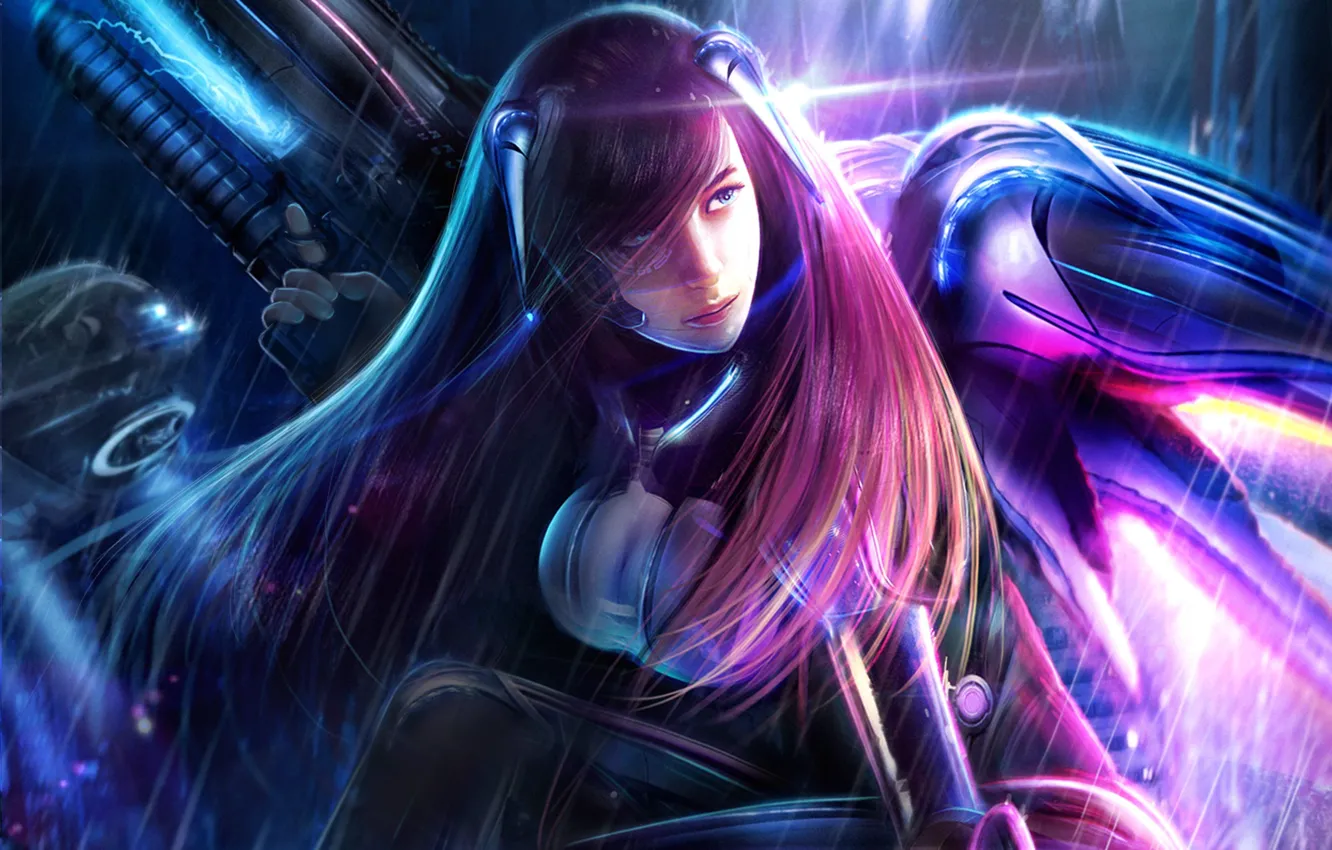 Photo wallpaper girl, weapons, rain, wings, machine