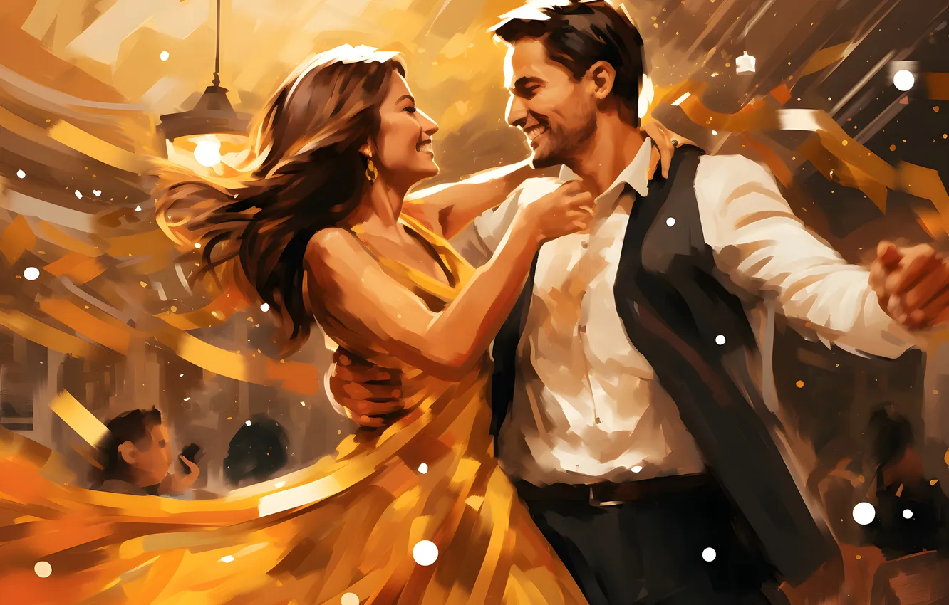 Photo wallpaper girl, joy, smile, dress, guy, two, digital art, AI art