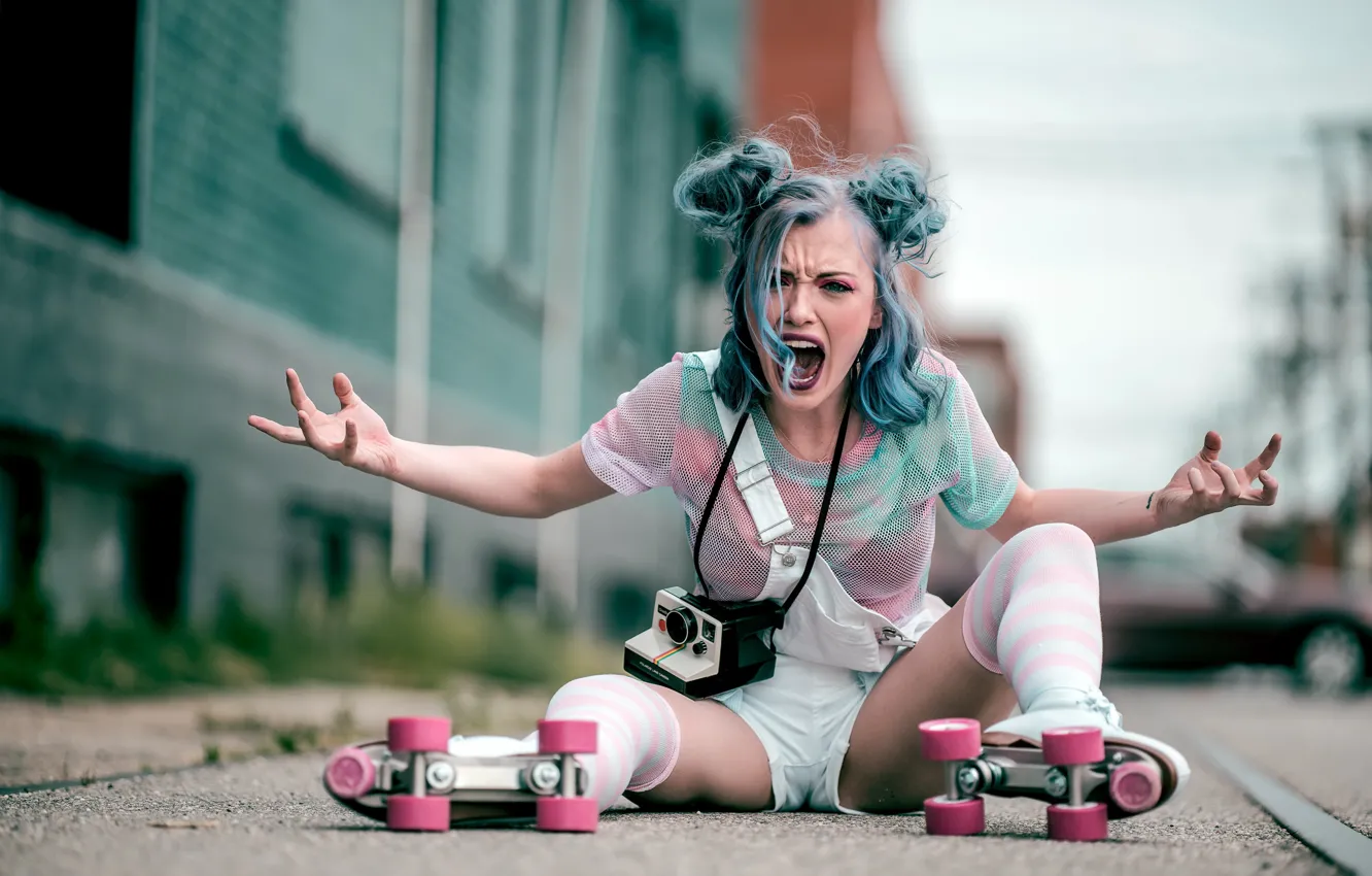 Photo wallpaper girl, emotions, mood, roller skates