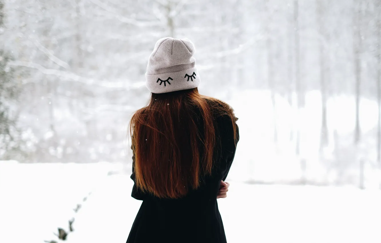 Photo wallpaper winter, girl, hat, hair, back, coat