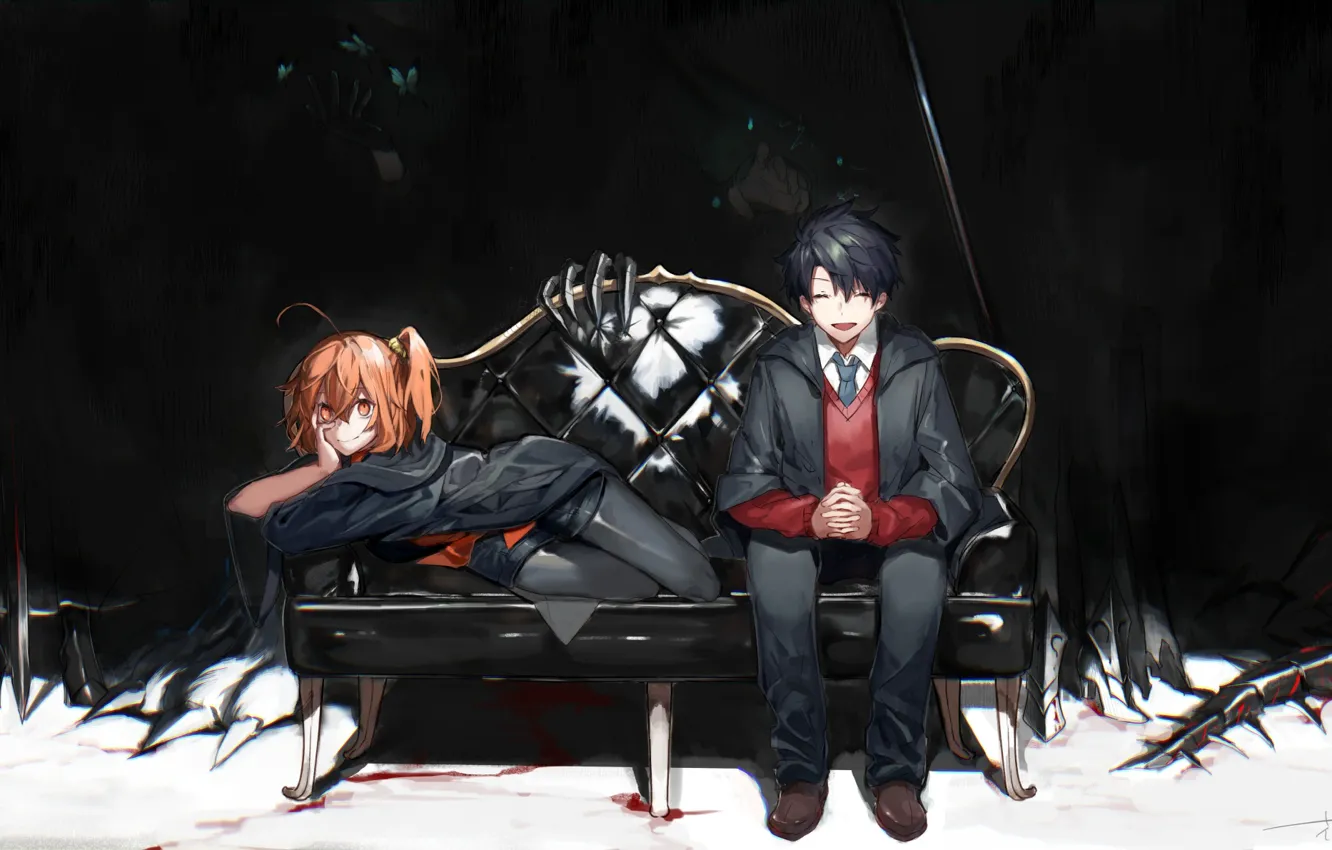 Photo wallpaper girl, sofa, darkness, butterfly, hands, guy, Fate / Grand Order