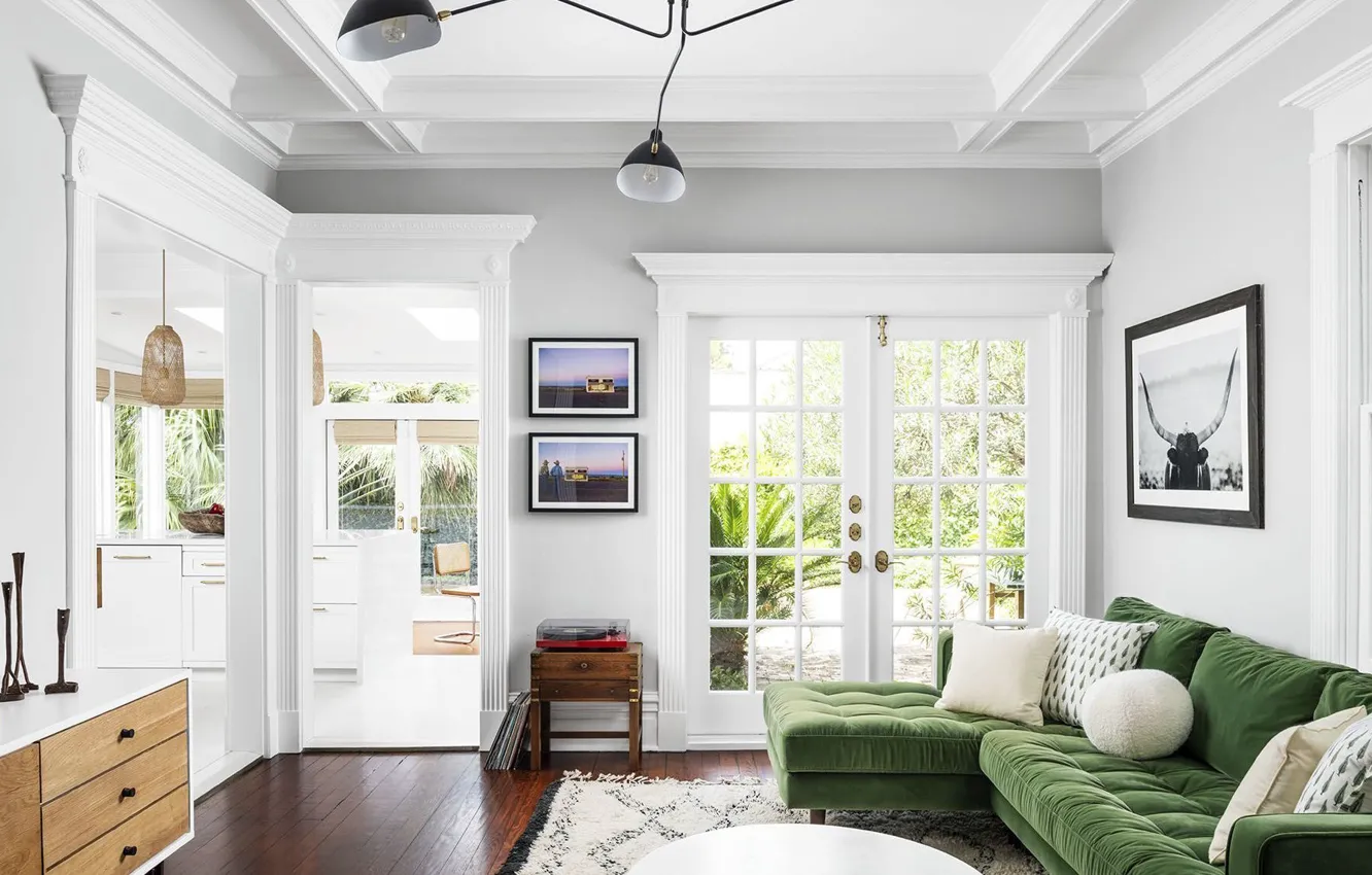 Photo wallpaper design, style, room, interior, light, green sofa, feng-shui living room layout, the layout of the …