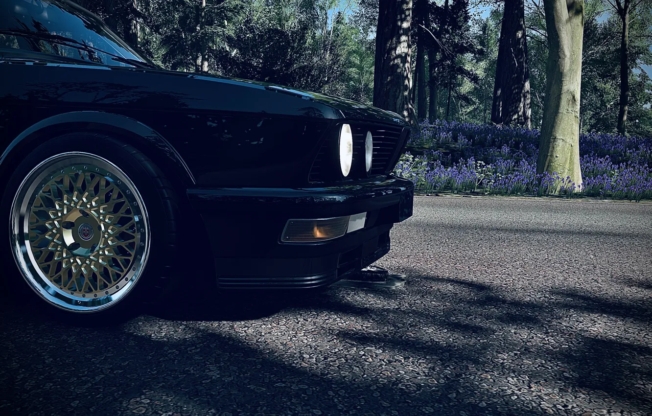 Photo wallpaper HDR, BMW, game, trees, Front, wood, flowers, spring