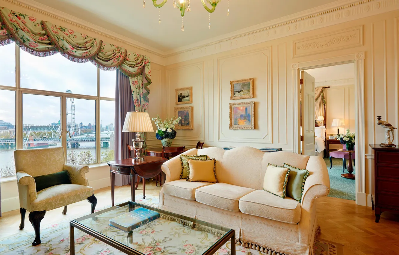 Photo wallpaper design, style, London, interior, living room, individual suite, historic hotel, historic hotel