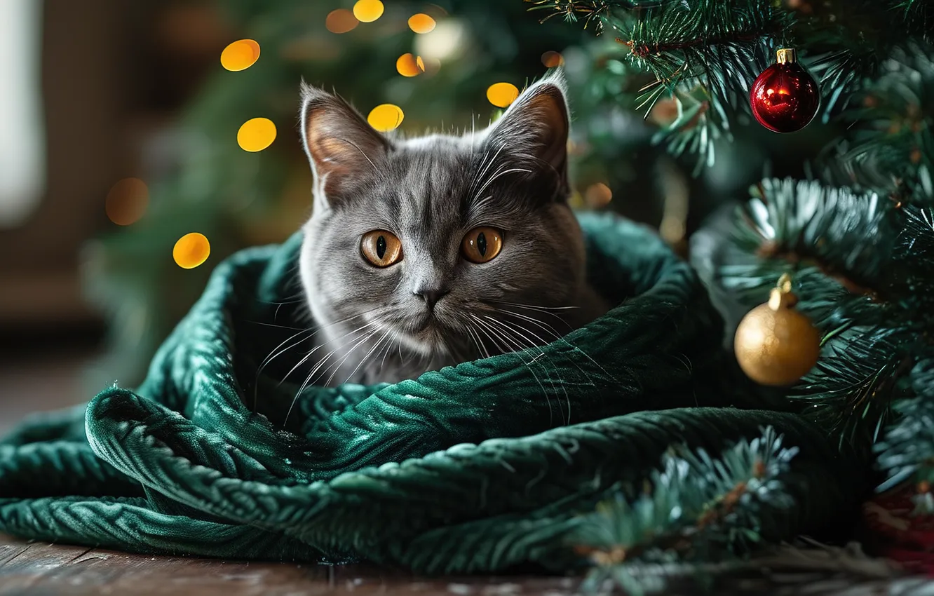 Photo wallpaper cat, look, balls, branches, lights, pose, grey, new year