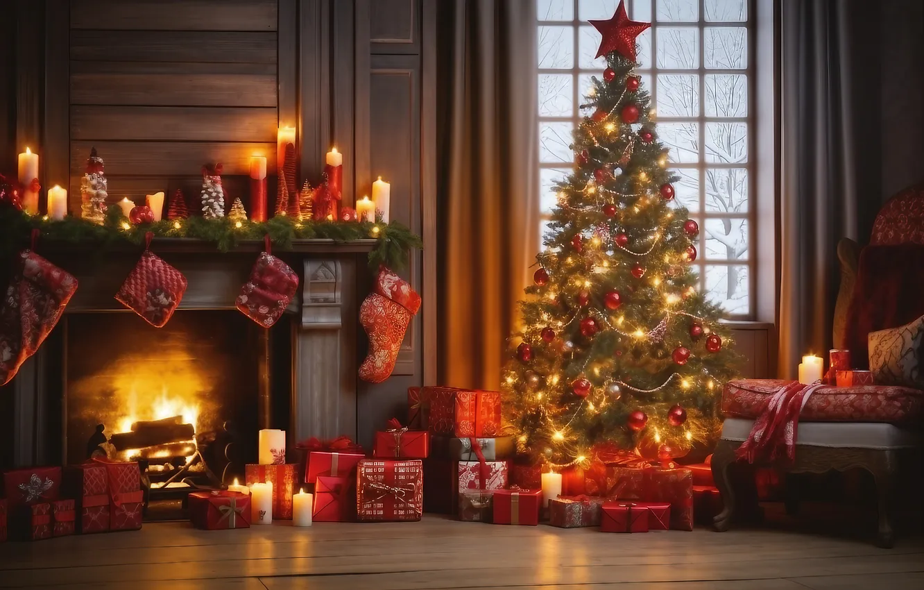 Photo wallpaper room, tree, new year, interior, Christmas, fireplace, Christmas, view