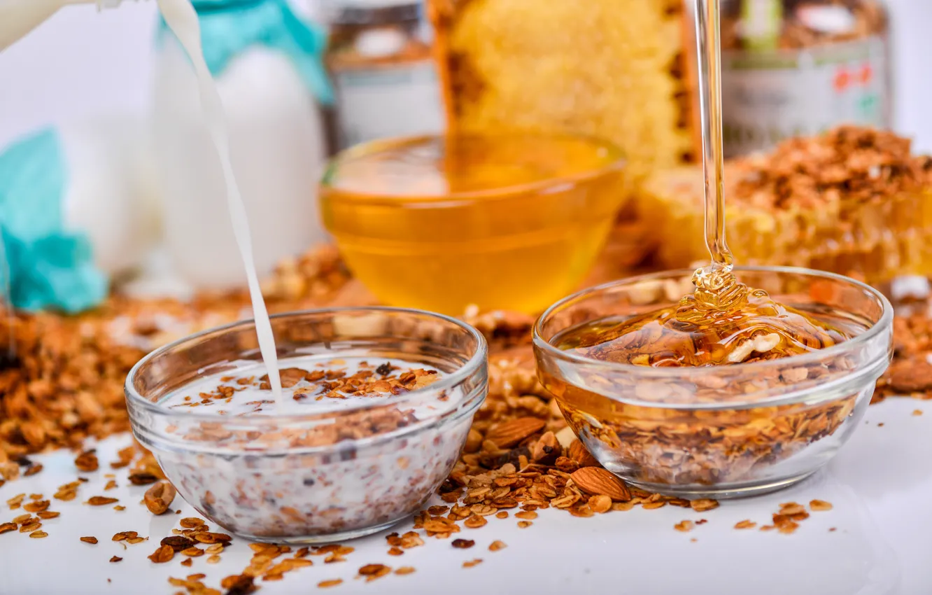 Photo wallpaper milk, honey, granola, the Breakfast