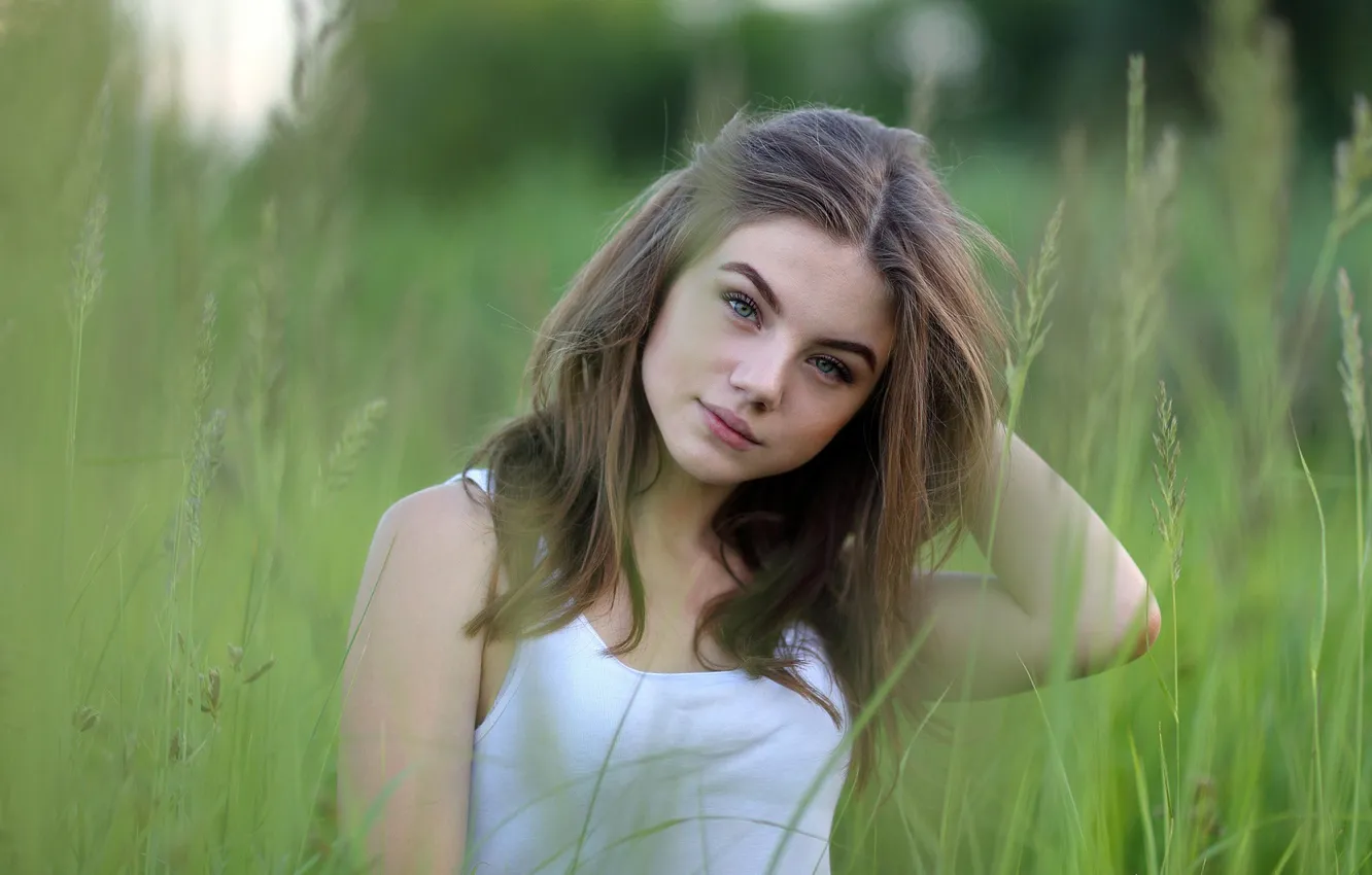 Photo wallpaper field, grass, look, model, portrait, makeup, Mike, hairstyle
