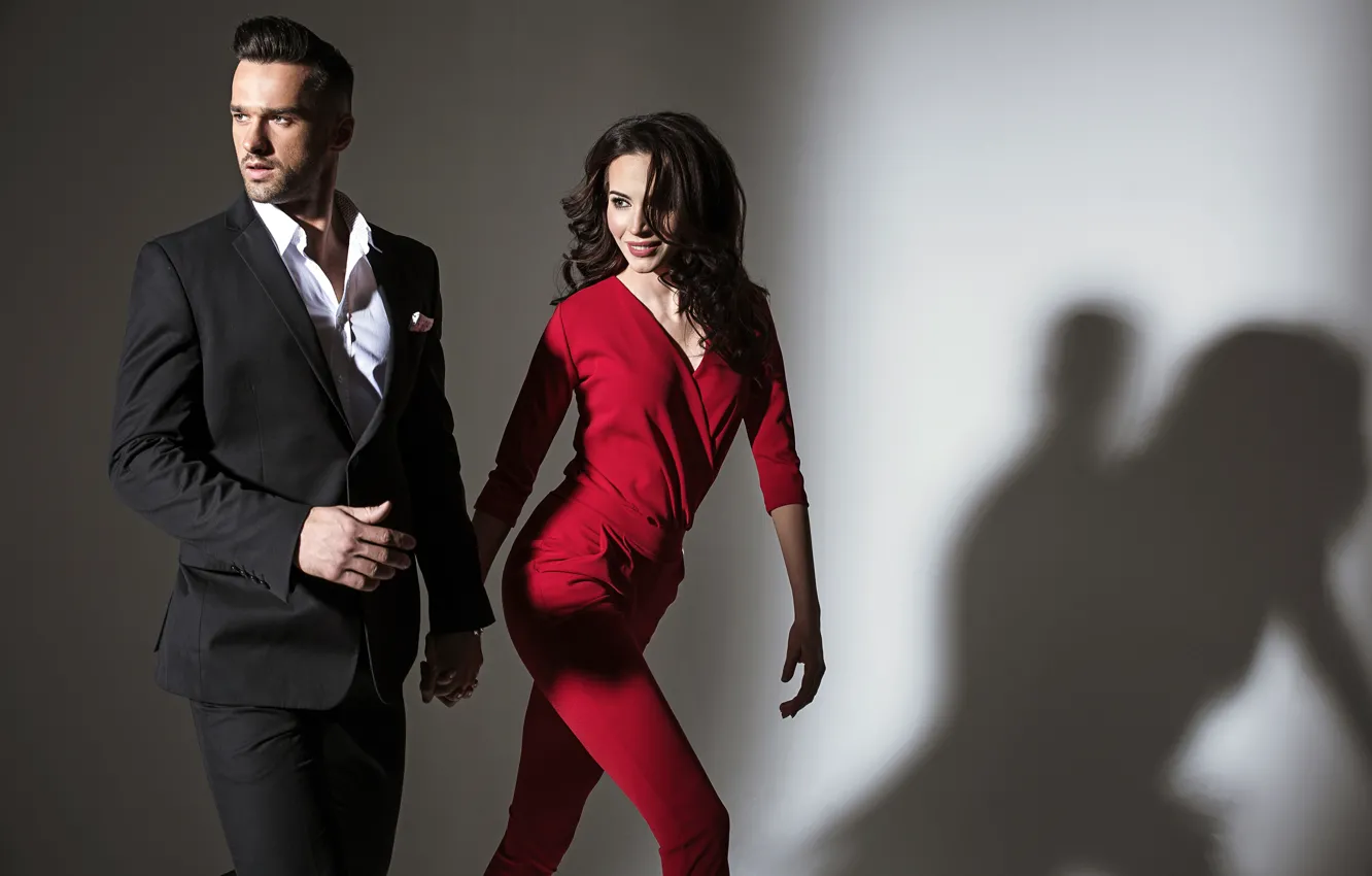 Photo wallpaper girl, background, woman, shadow, brunette, pair, costume, male