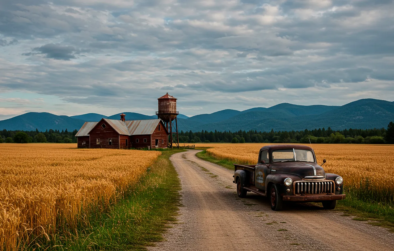 Photo wallpaper wheat, field, machine, clouds