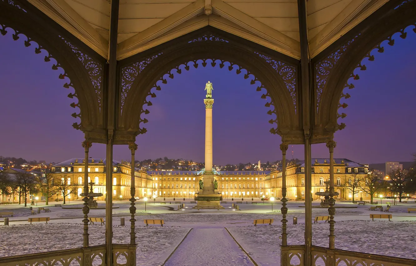 Photo wallpaper night, lights, Germany, columns, Stuttgart, Palace square