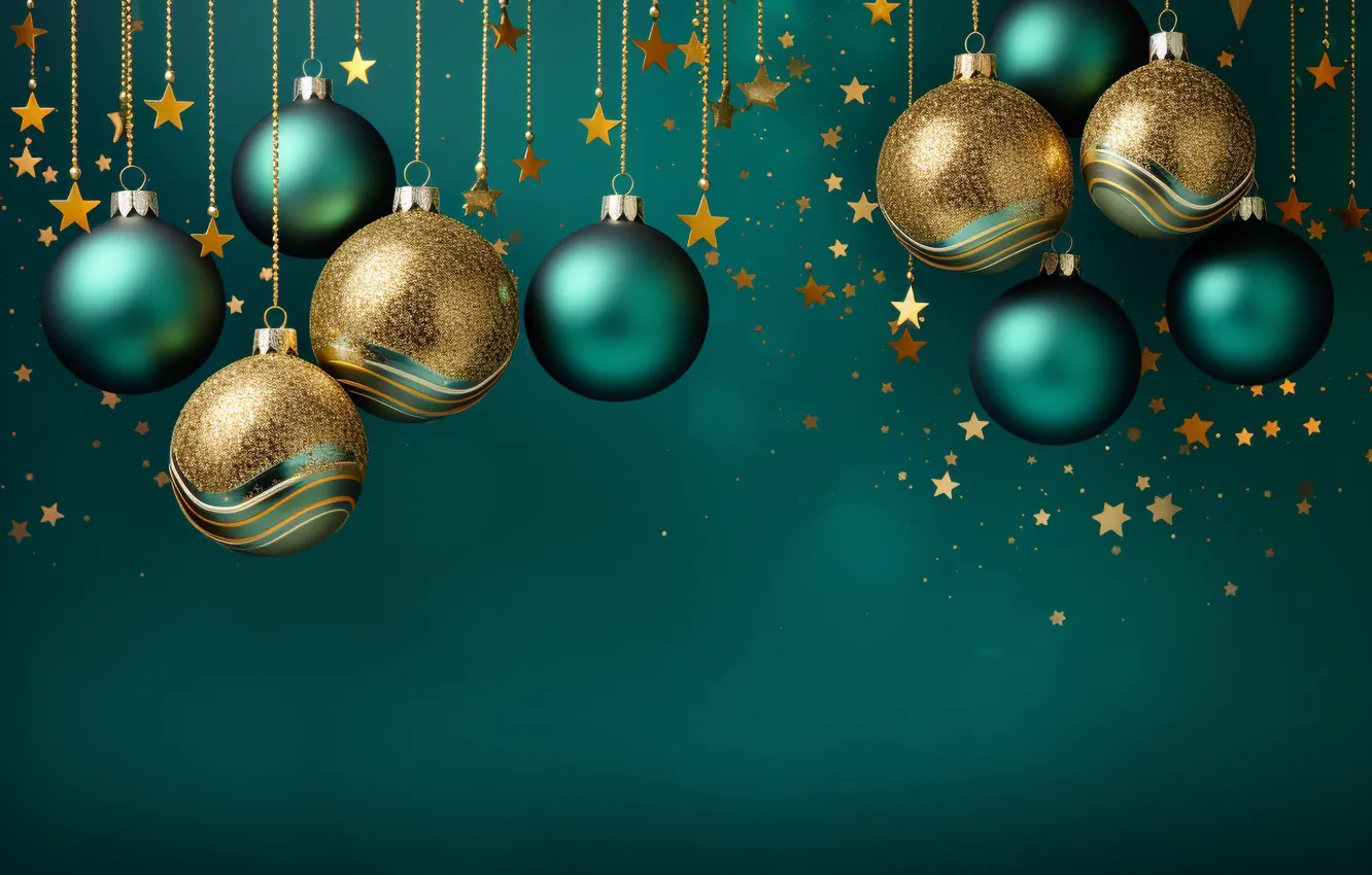 Photo wallpaper decoration, the dark background, gold, green, balls, new year, Christmas, golden
