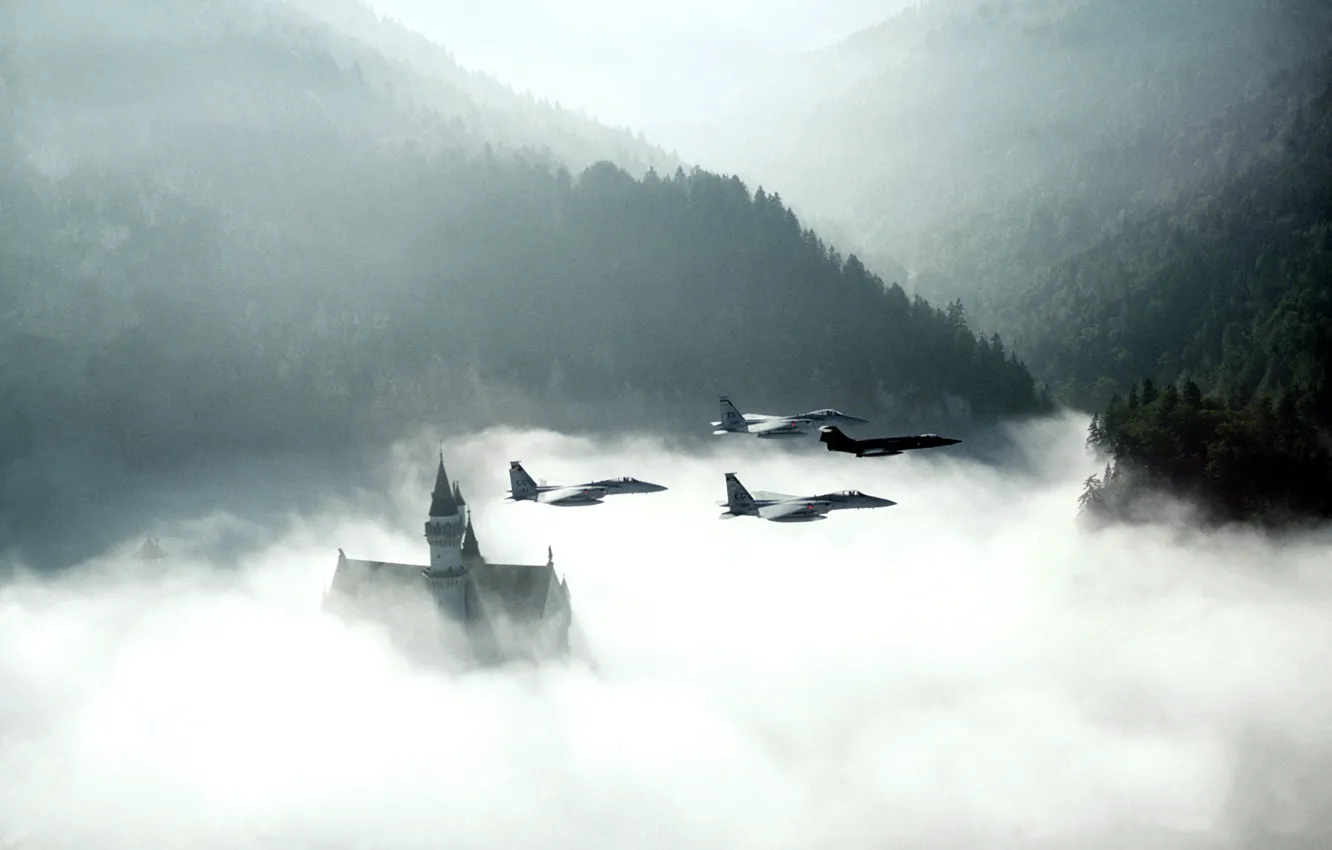 Photo wallpaper smoke, morning, aircrafts in the sky