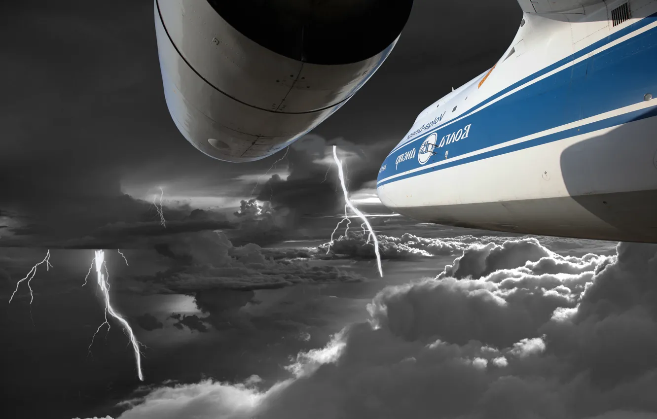 Photo wallpaper the storm, flight, storm, clouds, airplane, an-124, ruslan, an-124
