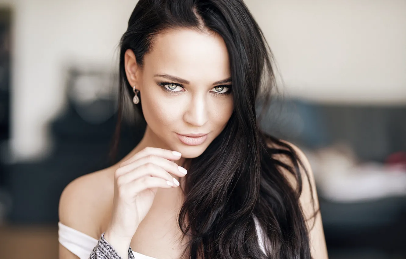 Photo wallpaper girl, photo, blue eyes, model, lips, face, brunette, portrait