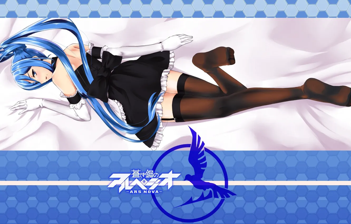 Photo wallpaper lies, emblem, bow, blue hair, the maid, black stockings, from the back, gloves elbow