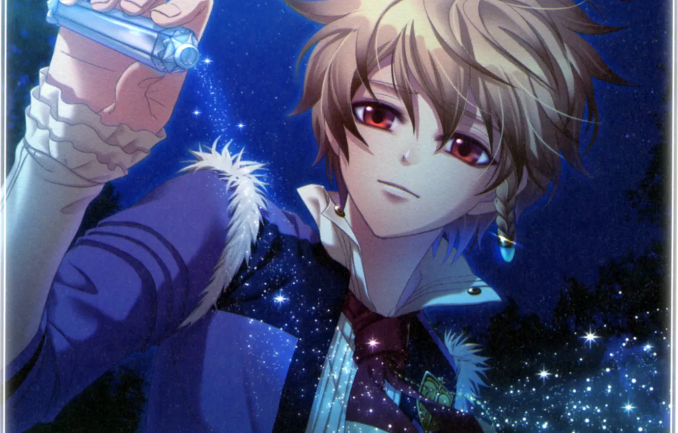 Photo wallpaper night, bubbles, magic, boy, lights, emblem, red eyes, starry sky