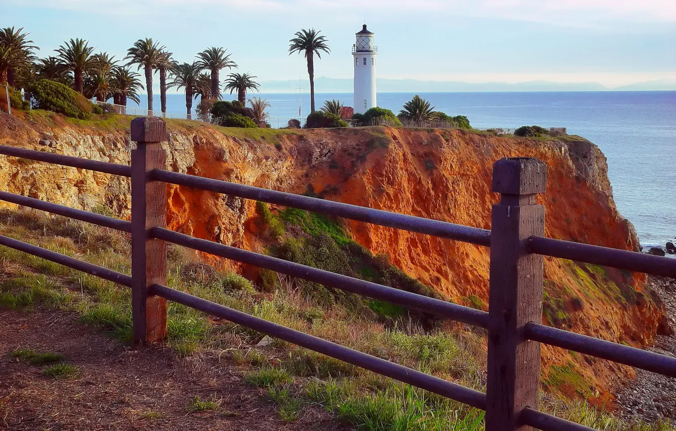 Photo wallpaper sea, the sky, palm trees, rocks, lighthouse, horizon, the fence, USA