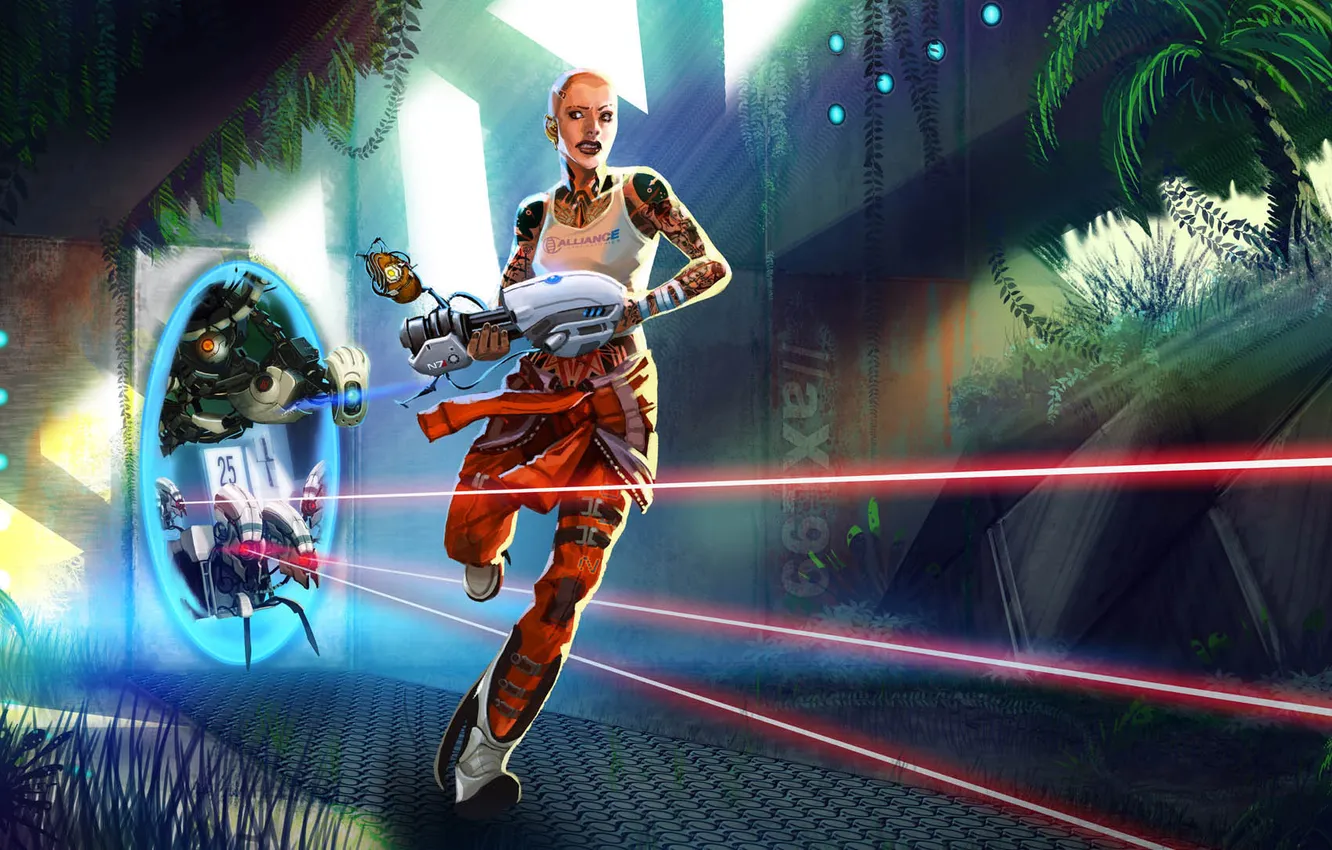 Photo wallpaper girl, weapons, robot, the portal, laser, portal