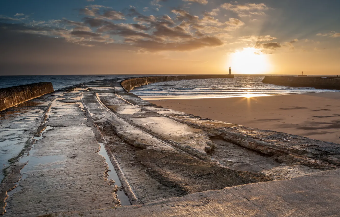 Photo wallpaper Landscape, Coast, Sun, Sunrise, England, Lighthouse, Seaham, Pier