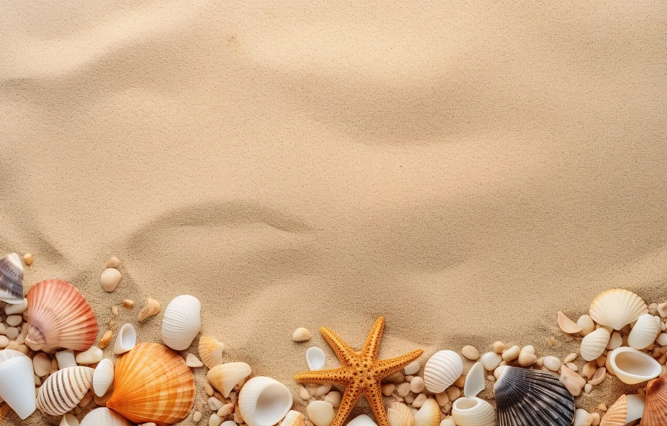 Photo wallpaper sand, beach, background, shell, beach, texture, background, sand