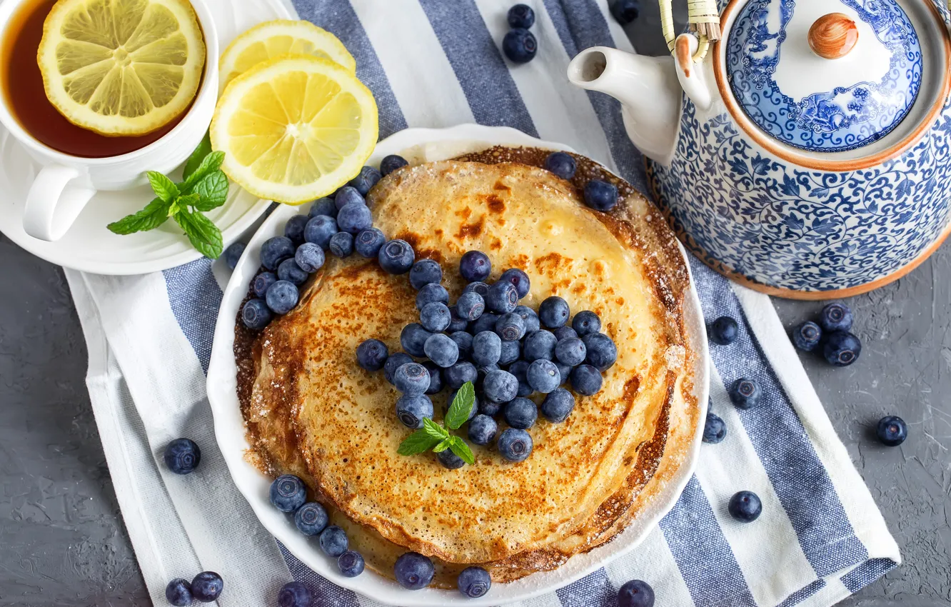 Photo wallpaper lemon, tea, kettle, pancakes, blueberries
