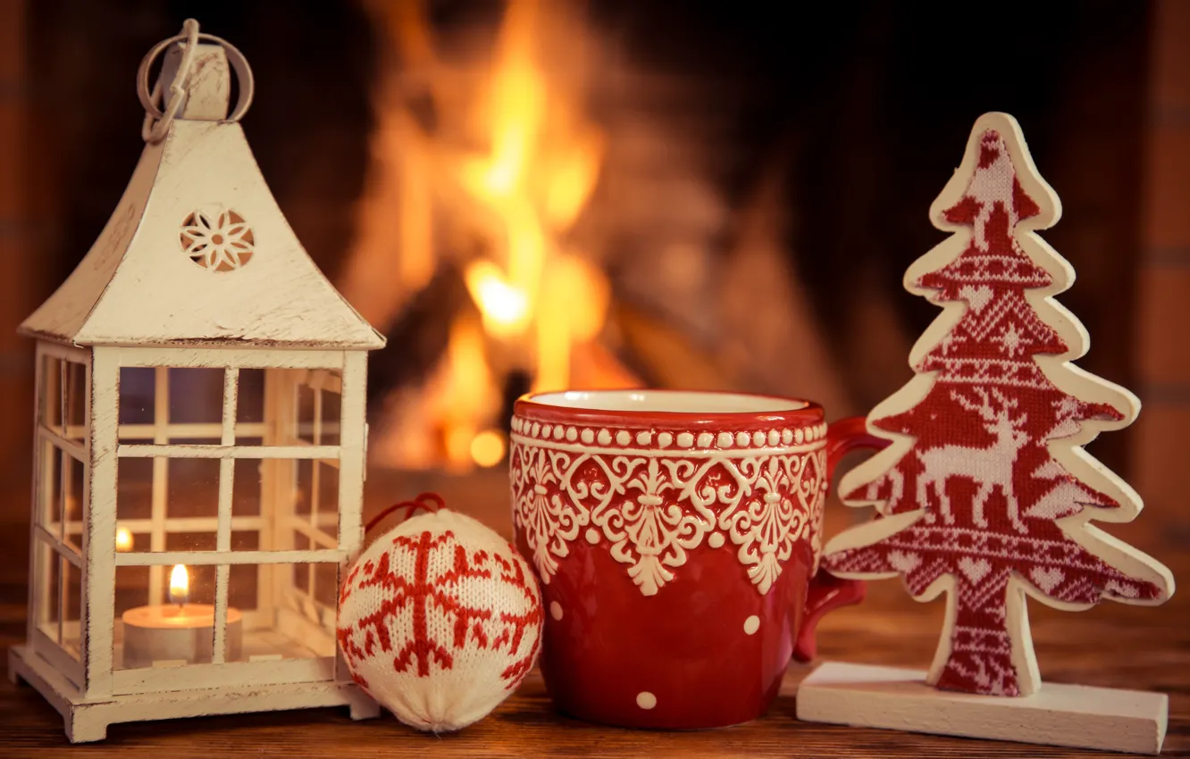 Photo wallpaper decoration, new year, Christmas, fire, fireplace, Christmas, cup, Xmas