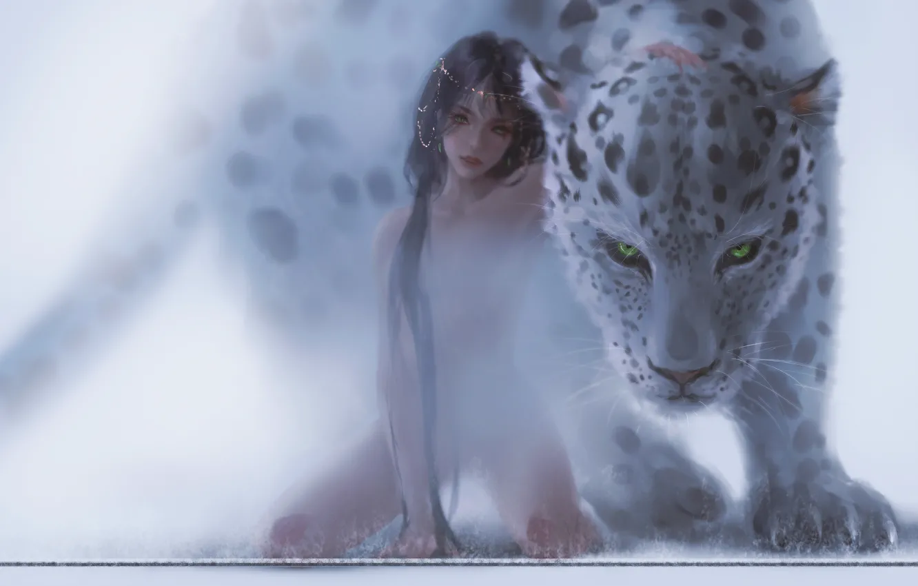 Photo wallpaper girl, beast, snow leopard, Princess, Leopard, Ghost Blade, Wlop, Ghost Blade