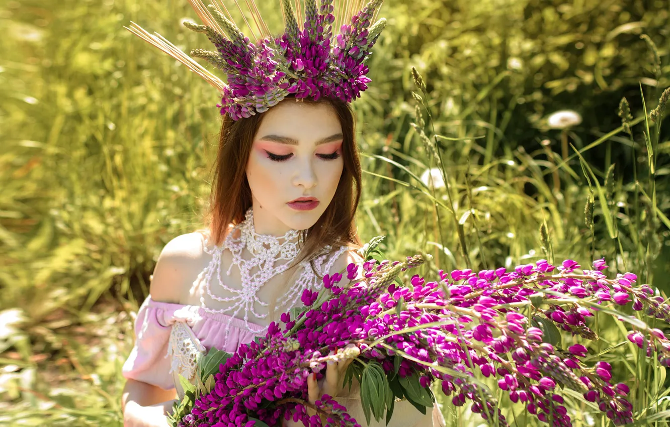Photo wallpaper girl, flowers, crown, makeup, wreath, lupins
