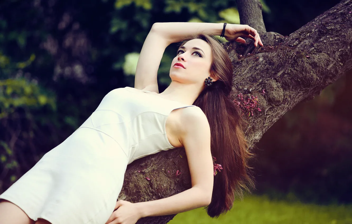 Photo wallpaper girl, summer, white, dress, legs, nature, eyes, beautiful