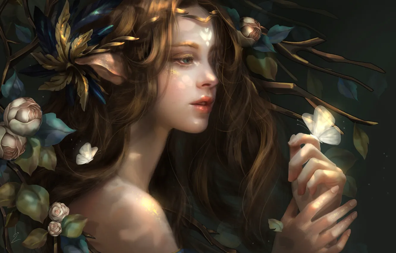 Photo wallpaper look, girl, flowers, nature, butterfly, hair, fantasy, ears