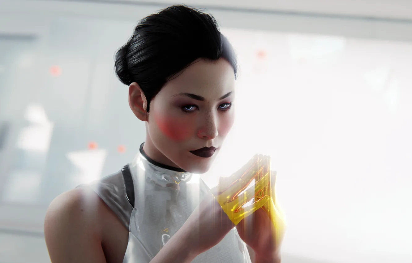 Photo wallpaper look, girl, minimalism, beauty, light background, beautiful girl, blue eyes, Cyberpunk 2077