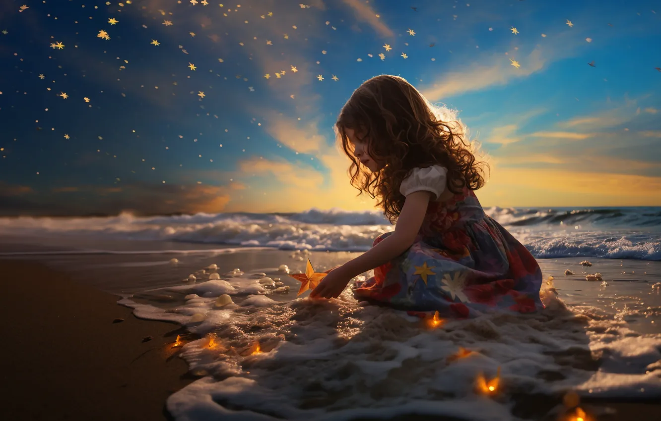 Photo wallpaper sea, stars, shore, girl, AI art, The Art of Artificial Intelligence, neural network