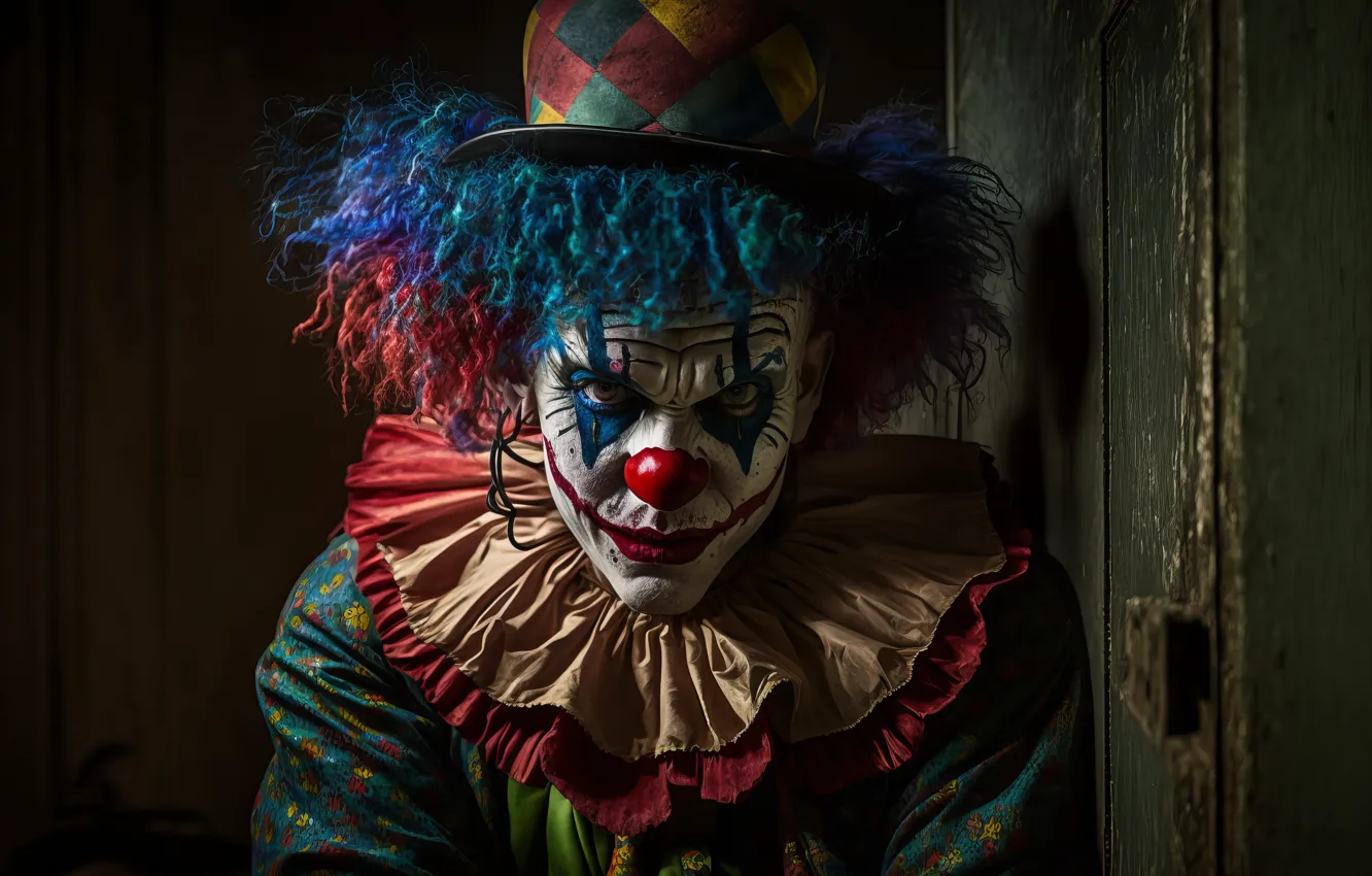 Photo wallpaper face, emotions, fatigue, clown, makeup, a clown outfit, AI art, The Art of Artificial Intelligence