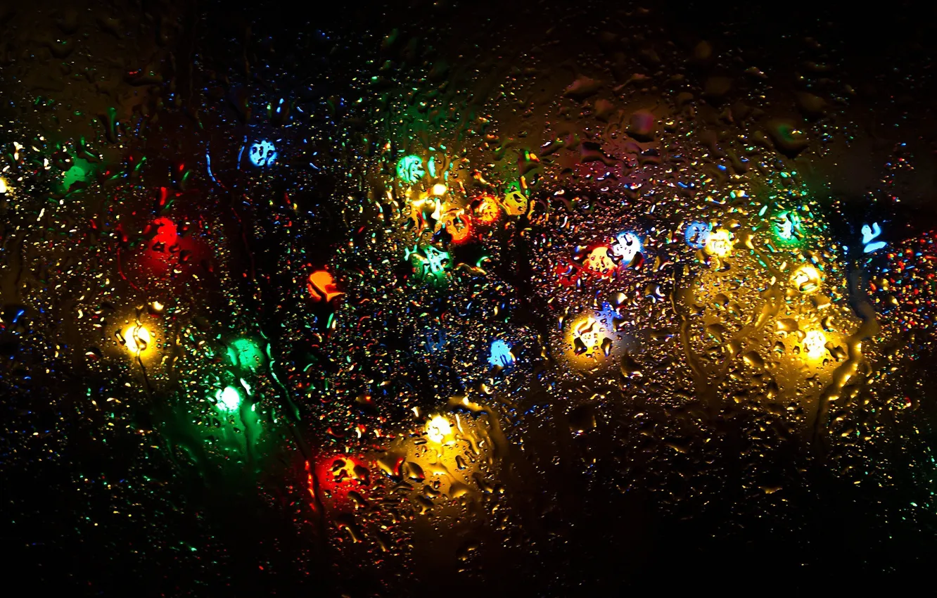 Photo wallpaper glass, drops, lights, rain