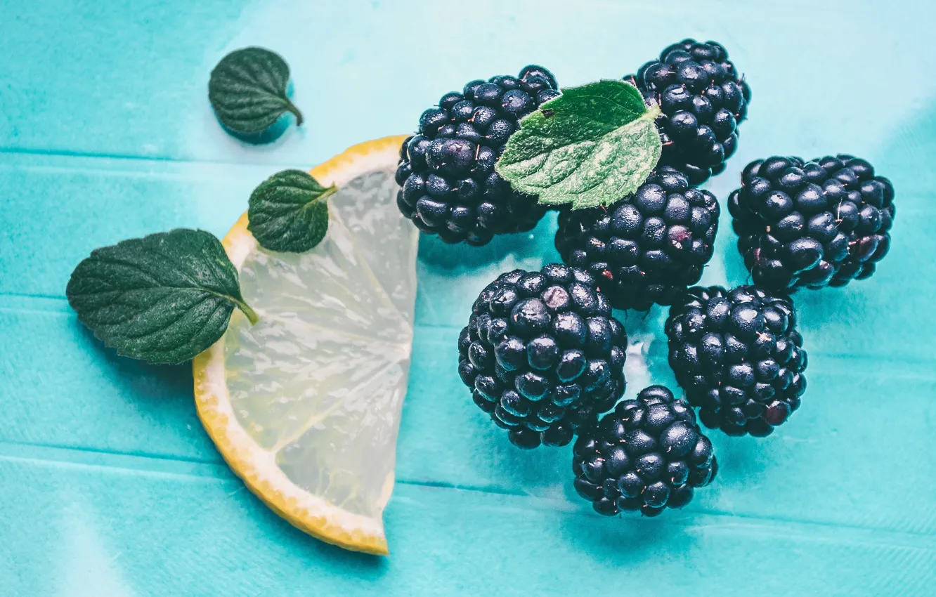 Photo wallpaper berries, lemon, fruit, mint, BlackBerry